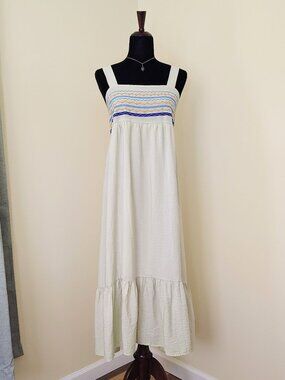 Light Green & Blue Embroidered AUGUST SKY Empire Waist Summer Maxi Dress - L